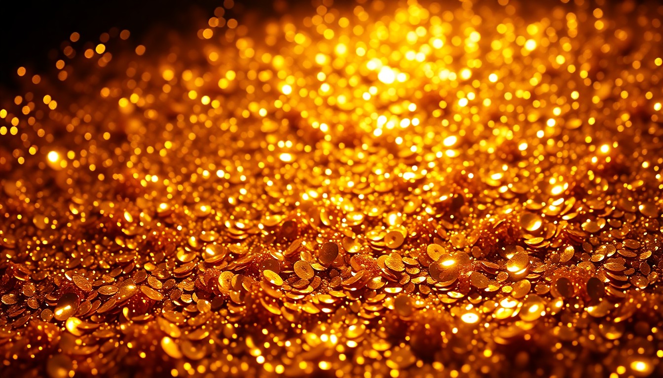 An extreme close-up photograph of shimmering, glittering gold sequins captured in dramatic studio lighting, conceptually representing the glamour and artistry of the music industry.