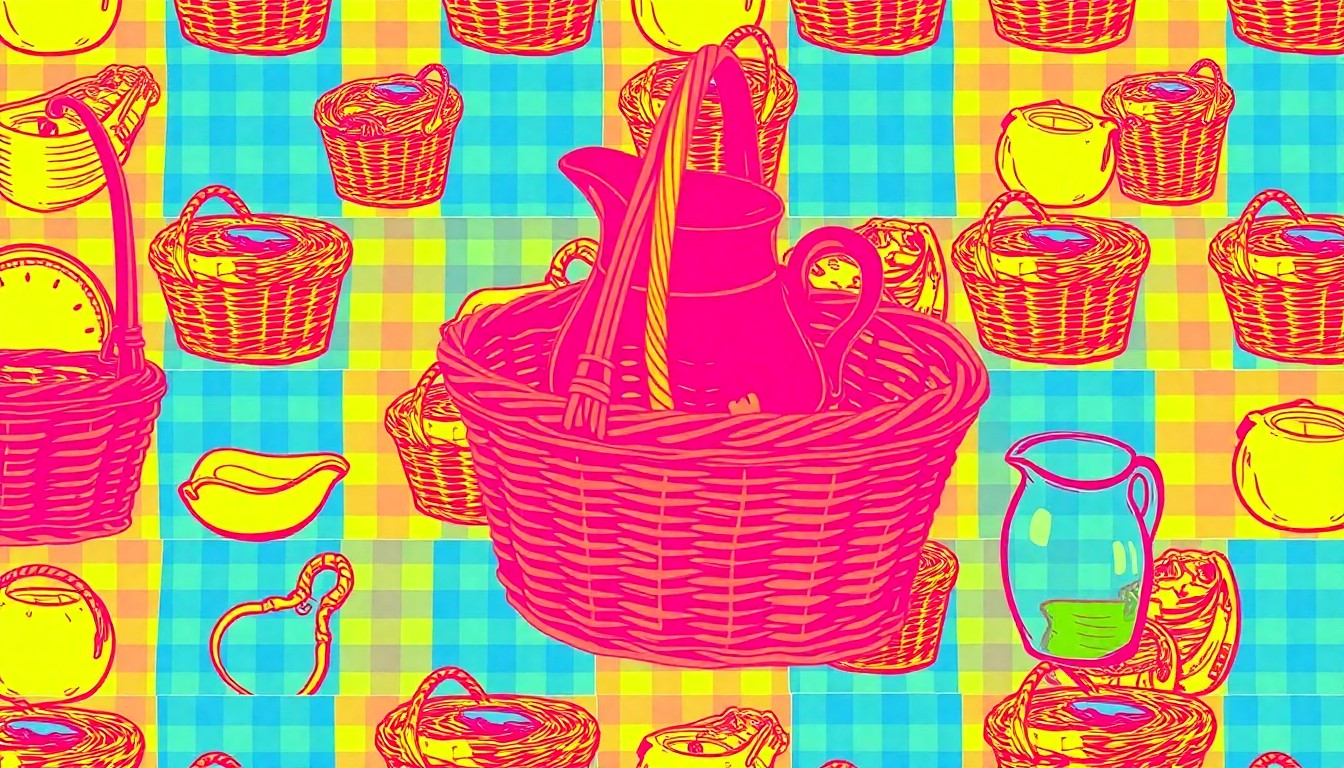 A high-contrast, silkscreen-style illustration featuring a repeating grid of a single, iconic picnic item such as a wicker basket or gingham blanket, rendered in a bold, neon color palette that captures the celebratory mood of outdoor gatherings.