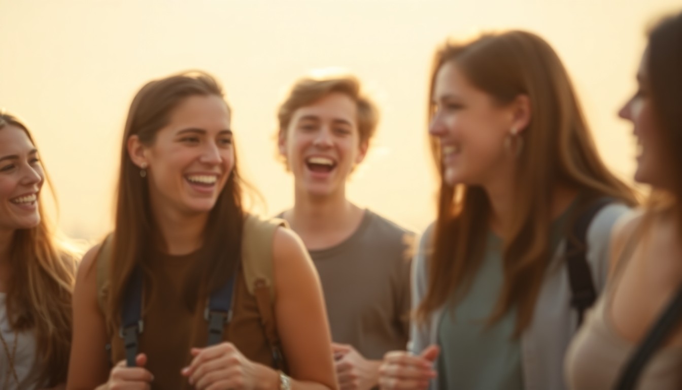 An abstract, impressionistic photograph showing the blurred silhouettes of several people engaged in conversation, with the background softly out of focus in a warm, golden glow.