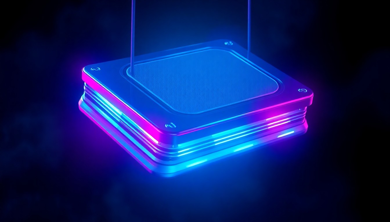 A highly detailed 3D illustration of a glowing, futuristic cryptocurrency hardware wallet device, with neon cyan and magenta lights pulsing through its sleek, metallic exterior, suspended in a dark, atmospheric environment to symbolize the precarious nature of digital asset security.