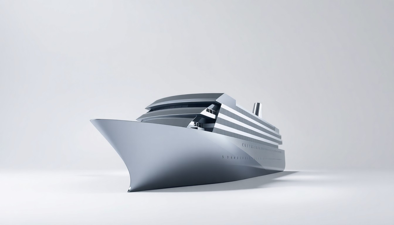 A highly detailed, photorealistic studio photograph of a polished metal sculpture in the shape of a cruise ship's bow, resting on a clean, monochromatic background and dramatically lit to convey a sense of the abstract challenges facing the cruise industry.
