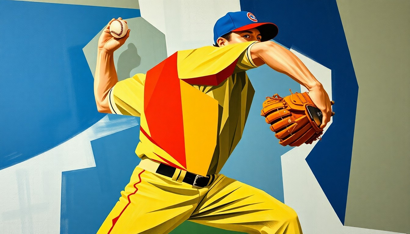 A fragmented, geometric painting depicting a baseball pitcher's motion, with the player's form broken down into sharp, overlapping planes of color and shape, conveying the abstract and multifaceted nature of in-game pitching decisions.