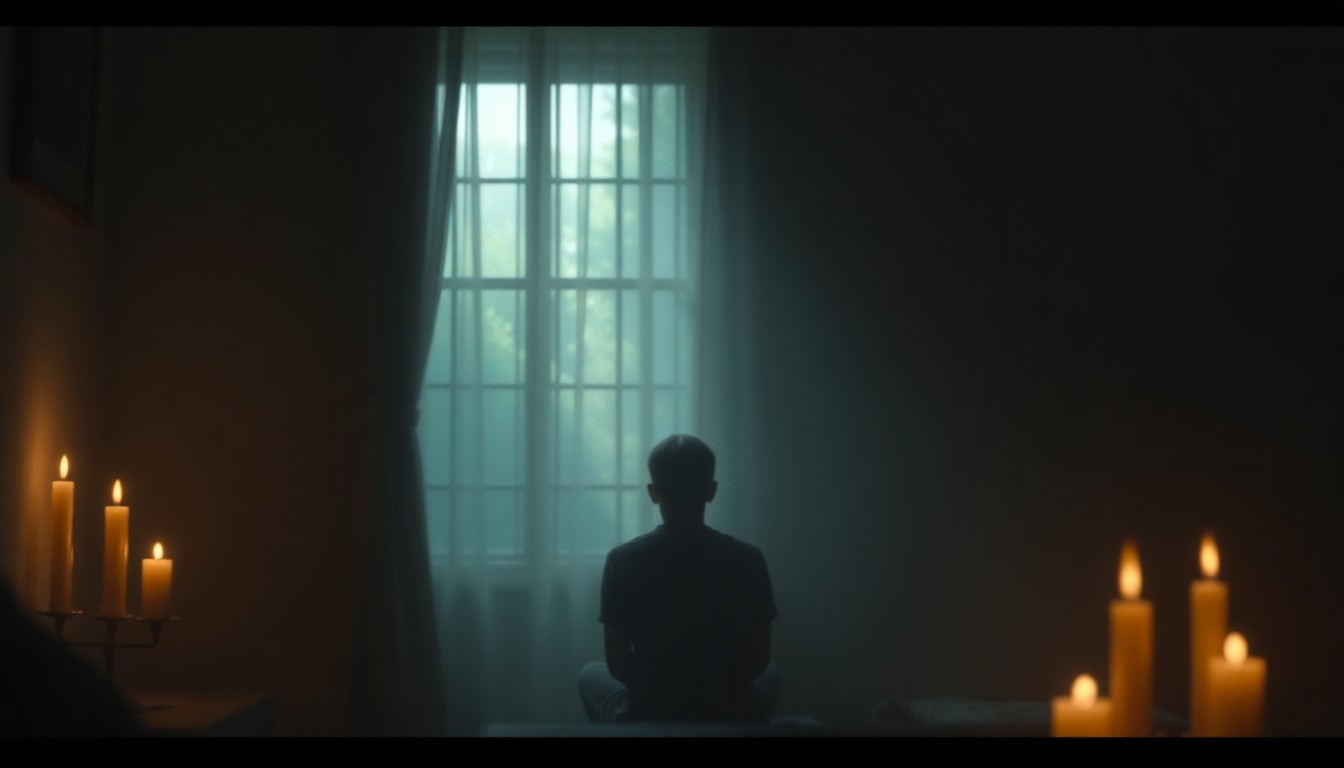 An extremely abstracted, out-of-focus photograph of a dimly lit room with the warm glow of candles and natural light filtering through a window, conceptually representing the peaceful and contemplative nature of end-of-life care.