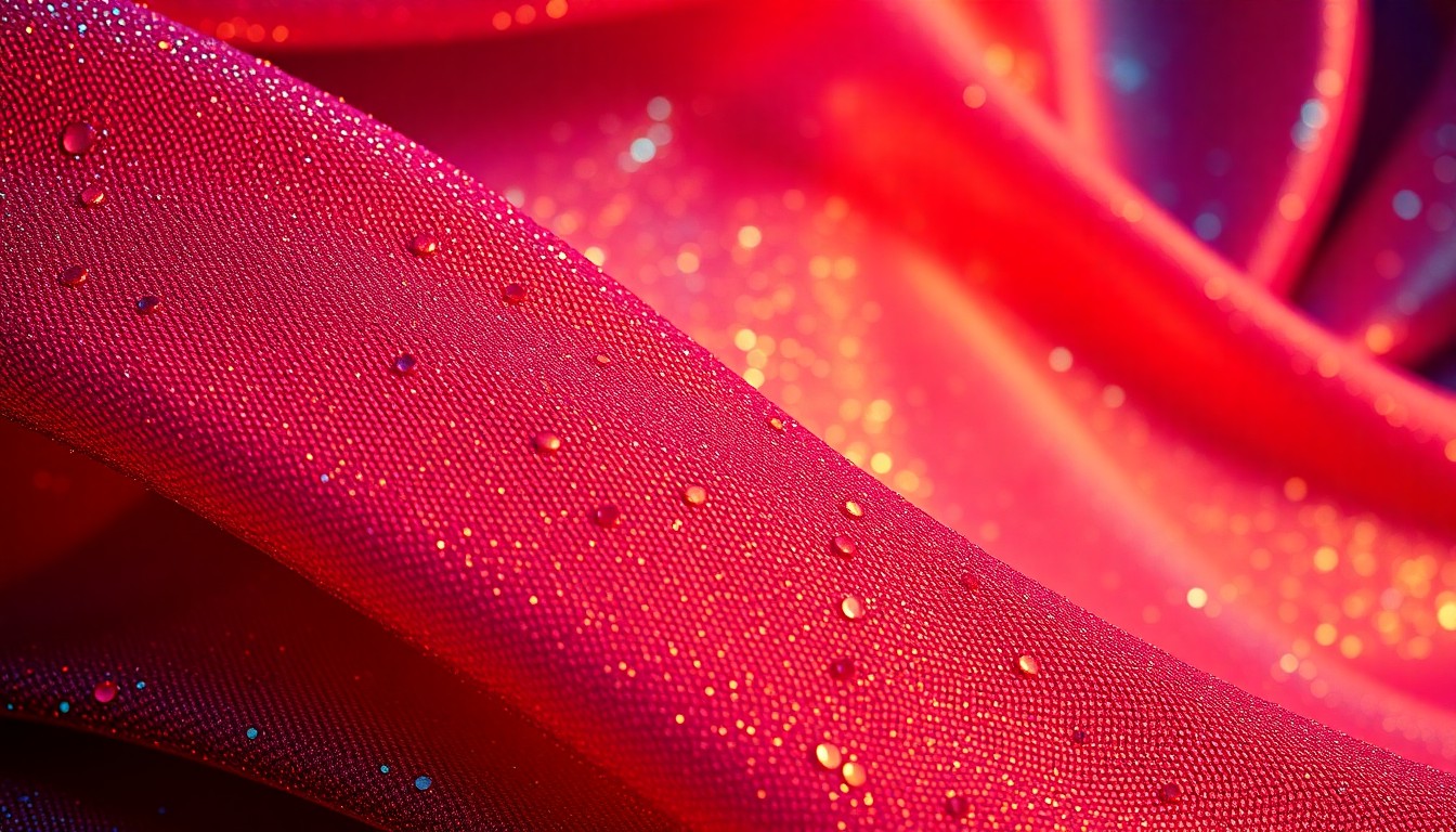 An extreme close-up photograph of shimmering, jewel-toned fabric with intricate, glittering textures, capturing the glamour and visual splendor of the film industry.