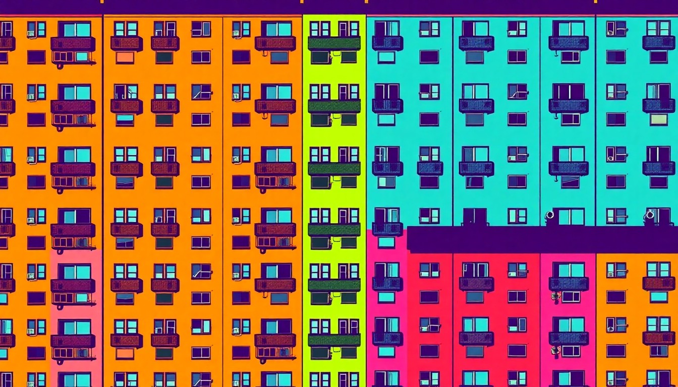 A brightly colored, abstract silkscreen print featuring a repeating pattern of a stylized apartment building icon in neon shades of pink, green, and blue, conceptually representing the lack of affordable housing options in Palm Beach County.
