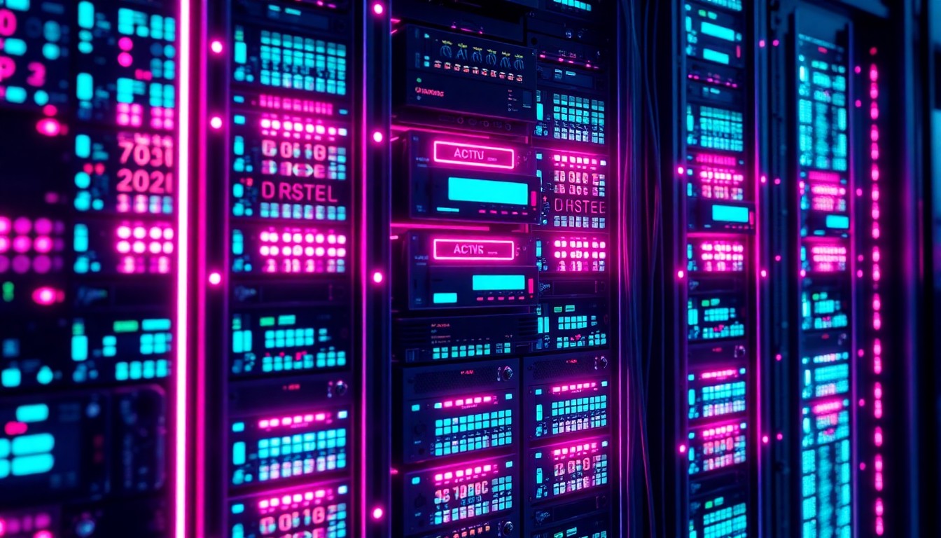 A highly detailed, glowing 3D macro illustration of a futuristic AI server rack, with neon cyan and magenta lights illuminating the intricate hardware components, conceptually representing the immense computing power required to power advanced AI models.
