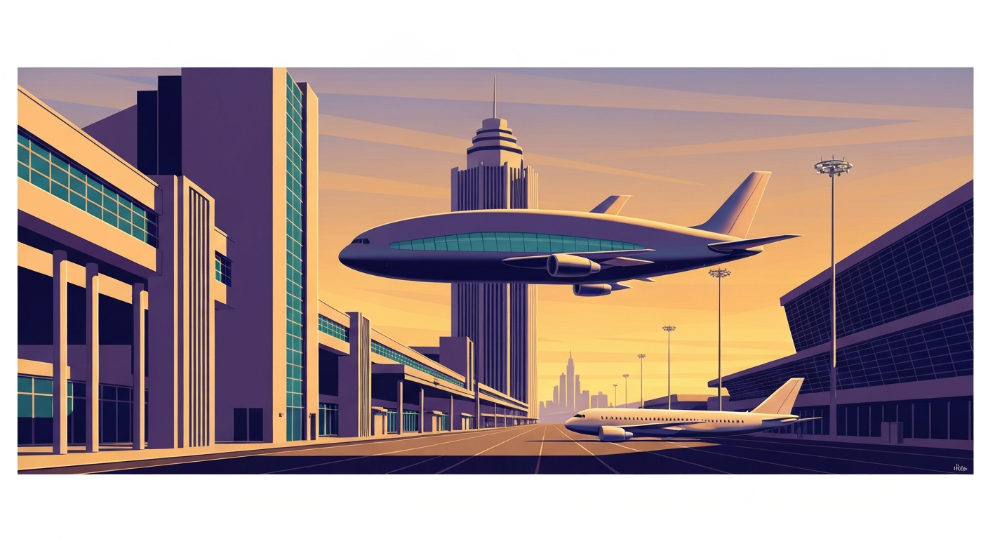 A bold, geometric Art Deco-inspired illustration depicting the grand scale and streamlined forms of a major international airport, capturing the resilience of air travel demand in Chicago.