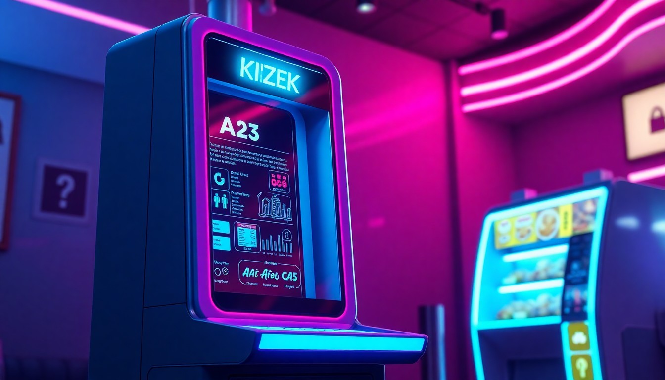 A highly detailed, glowing 3D illustration of an AI-powered self-service kiosk with neon cyan and magenta lights, conceptually representing the advanced technologies transforming the quick-service restaurant industry.