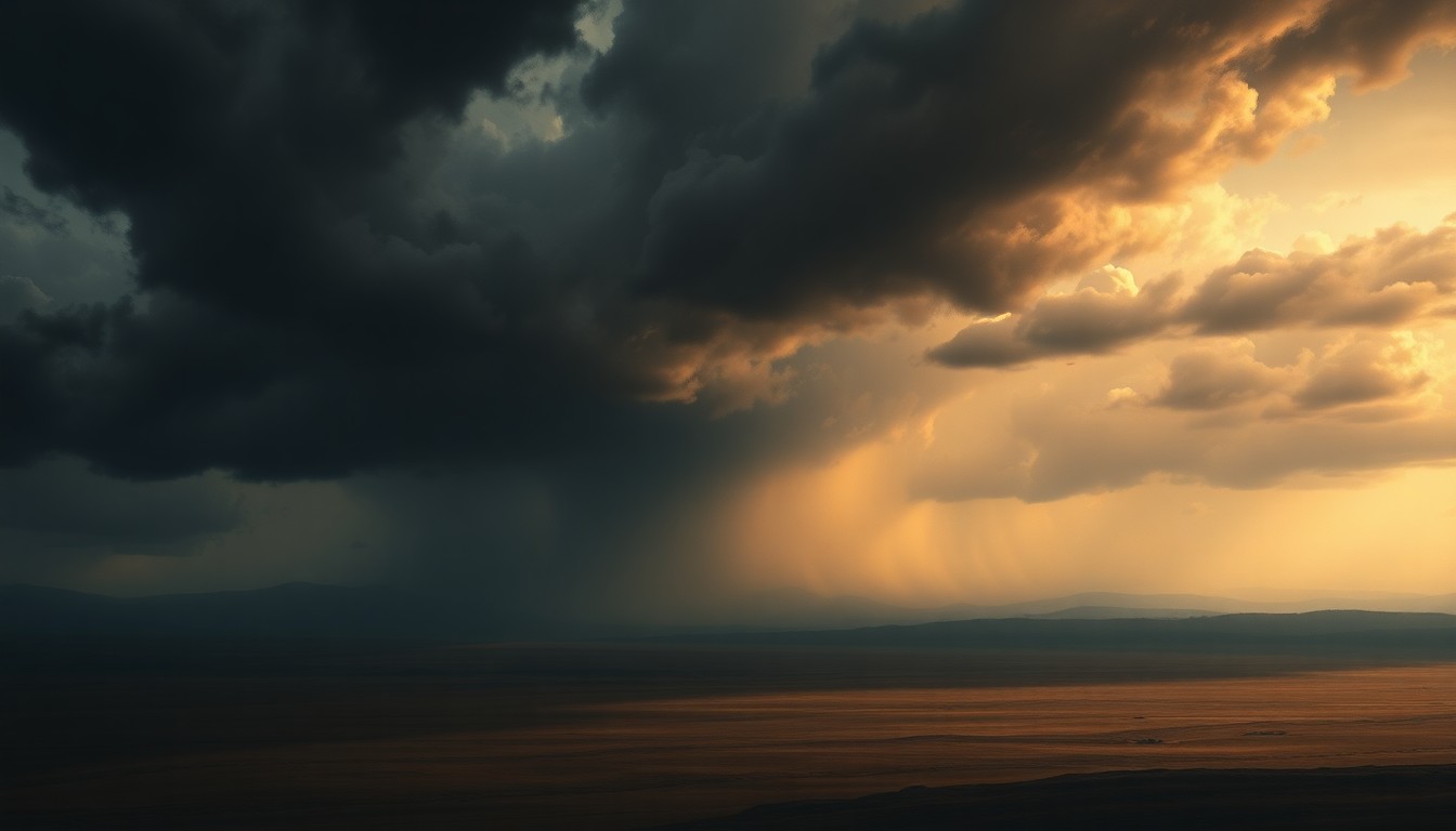 A vast, atmospheric landscape painting depicting an approaching severe thunderstorm, with dark, ominous clouds looming over a flat, open expanse, conveying the overwhelming scale and power of the natural world.