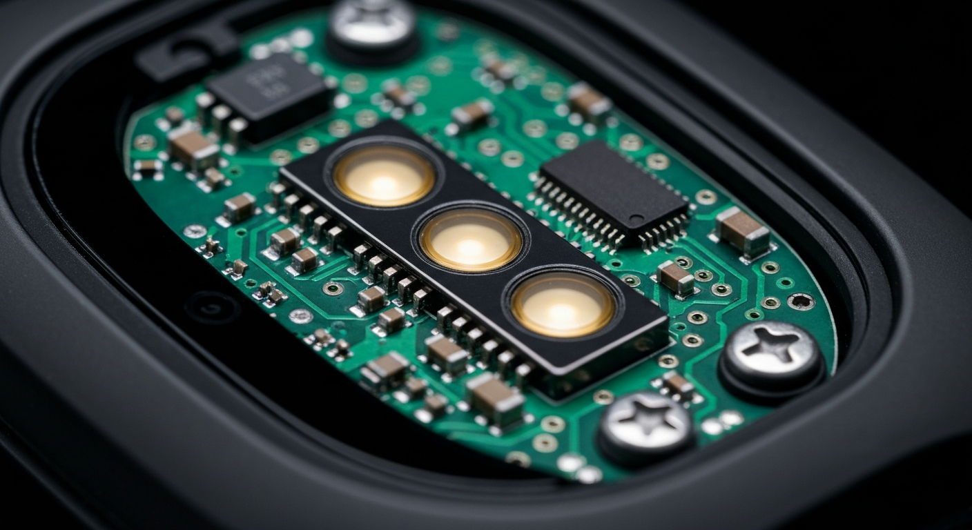 A cinematic close-up photograph of the intricate inner workings and mechanics of a high-tech fitness tracking device, conveying the complex technology behind modern fitness experiences.