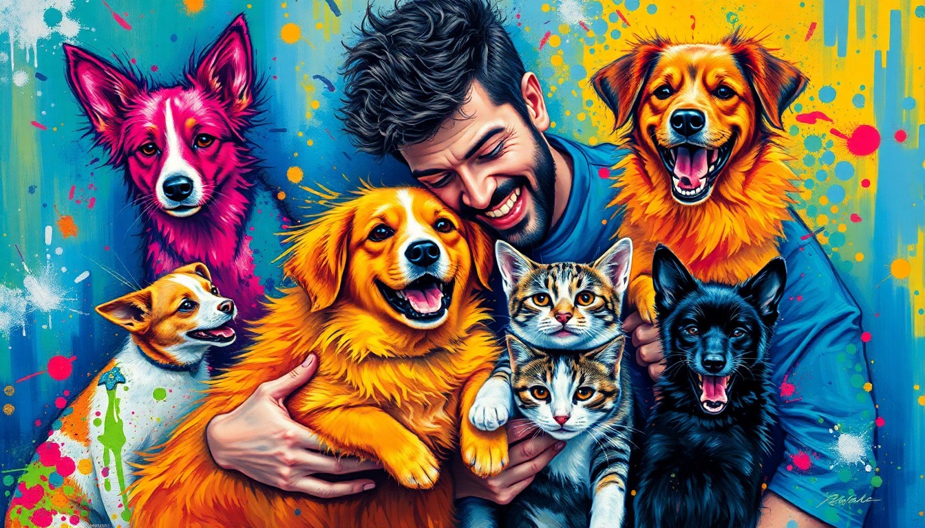 An abstract, expressionist painting in vibrant neon colors depicting a professional baseball player enthusiastically interacting with rescue dogs and cats, their faces and bodies blurred into energetic brushstrokes.