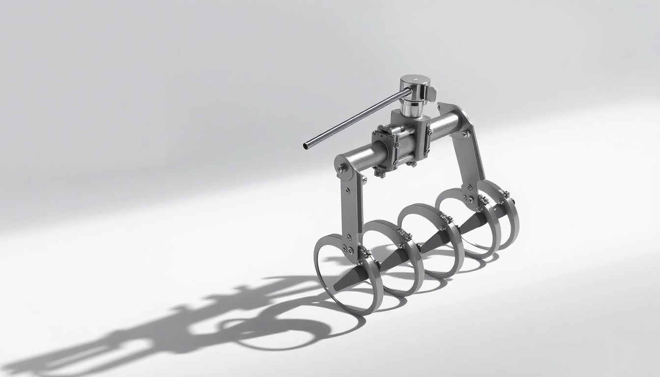 A close-up, high-contrast photograph of a polished, metallic no-till planting attachment, representing the innovative engineering and practical solutions that the combined Martin-Till and Yetter Manufacturing organization will deliver to farmers.