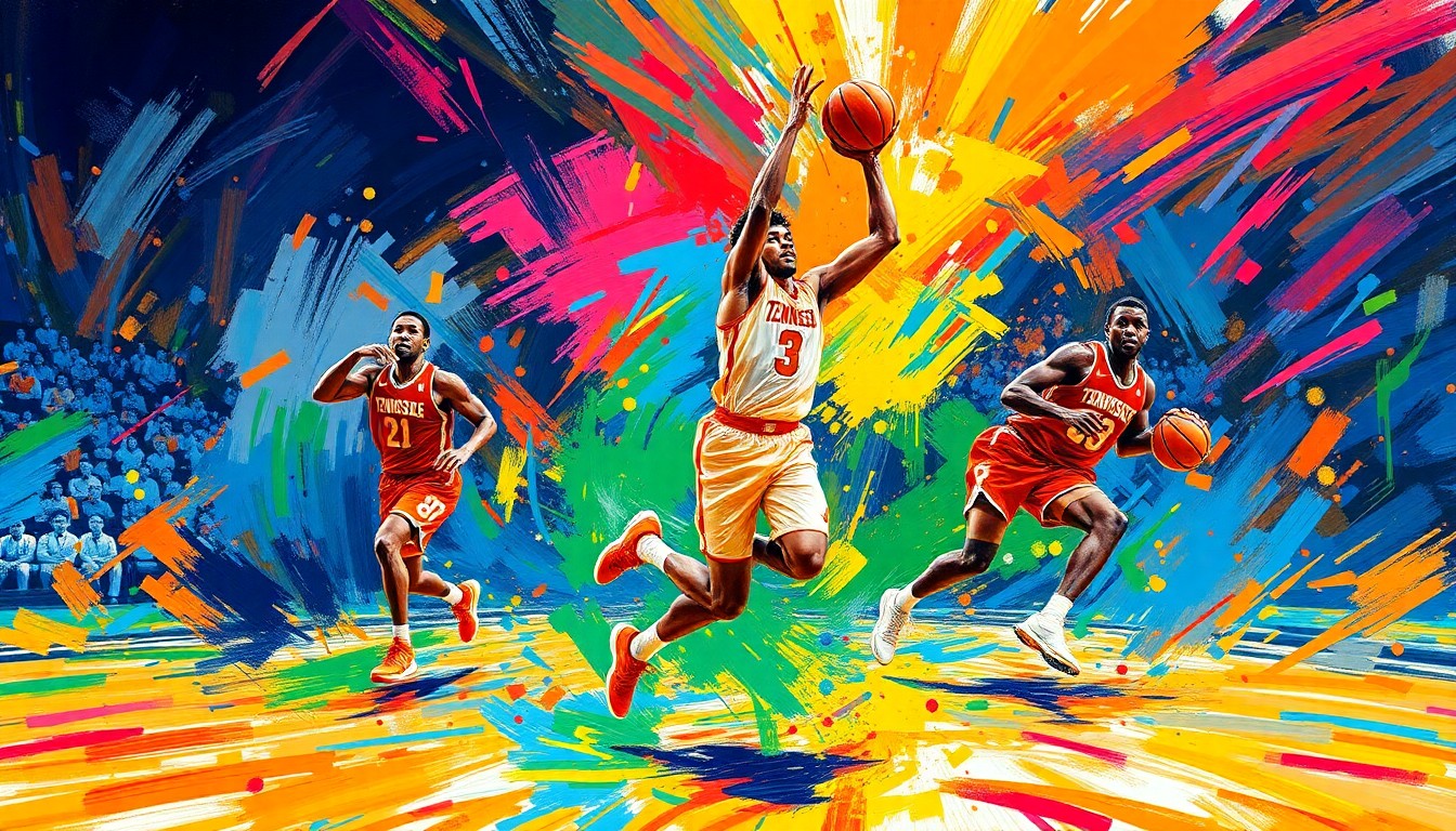 An abstract, energetic painting featuring Tennessee basketball players in motion, with vibrant neon brushstrokes and colors capturing the raw athleticism of the game.