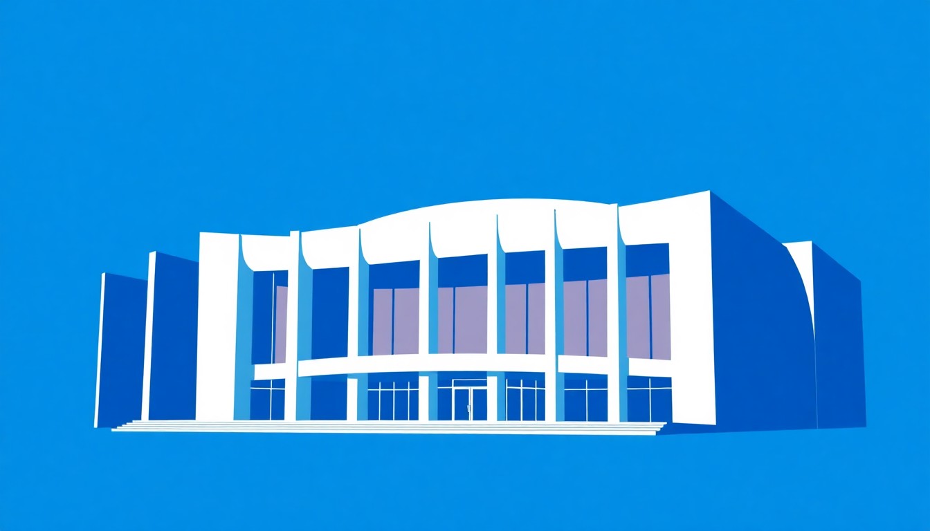 A striking abstract composition of geometric shapes in deep blue and bright white, conceptually representing the architectural elements and renovation needs of the Kennedy Center.