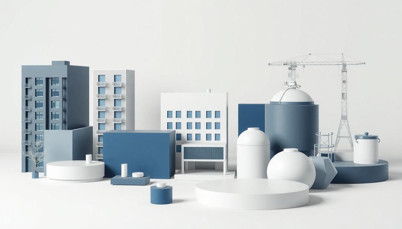 A high-end, photorealistic studio still-life photograph featuring a collection of premium, polished geometric objects in shades of gray, blue, and white, arranged elegantly on a clean, monochromatic background, symbolizing the various components of a modern mixed-use development.