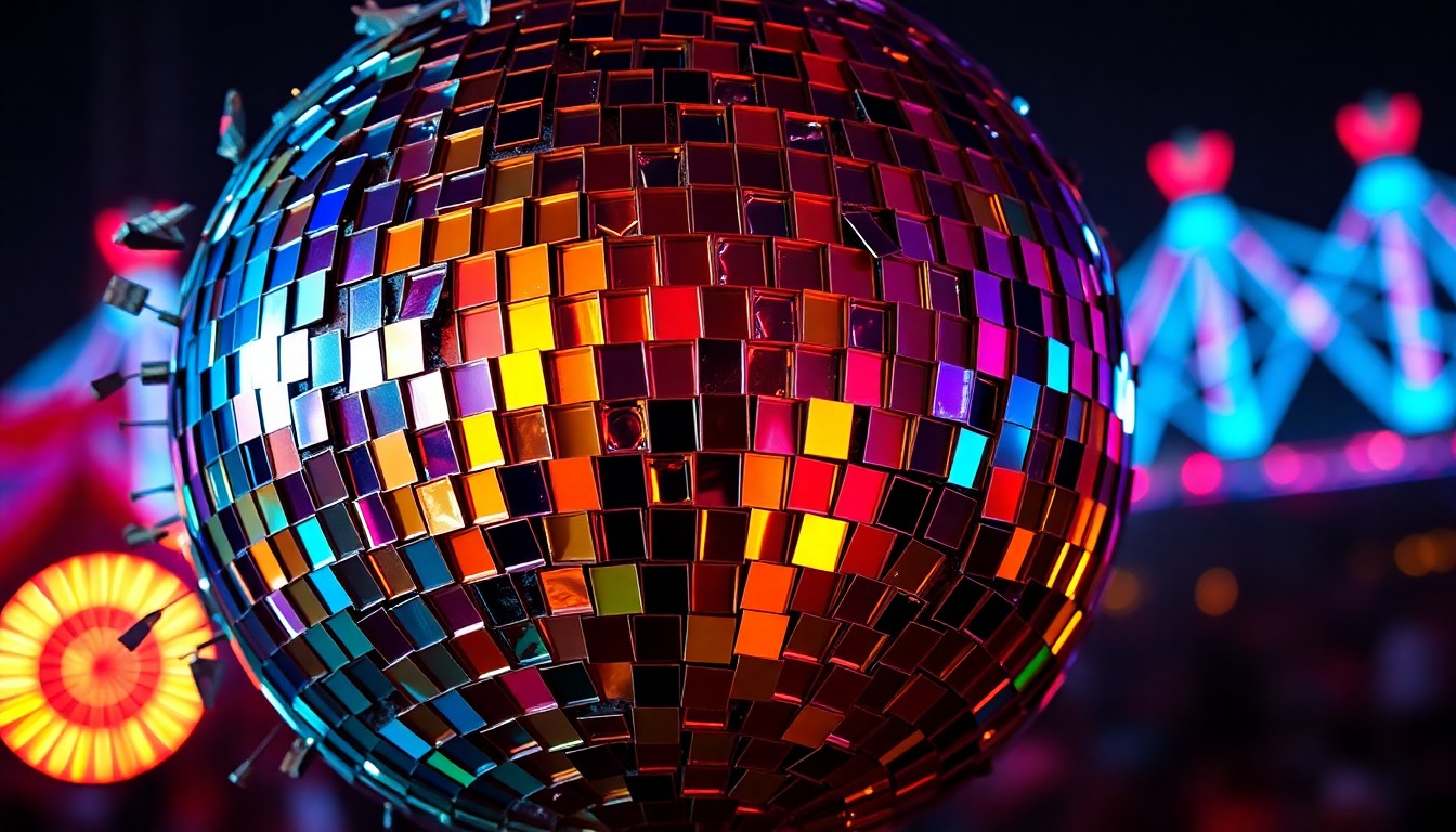 An abstract close-up photograph of a shattered disco ball reflecting a vibrant array of neon lights, capturing the glitzy, high-energy atmosphere of Coachella 2026.