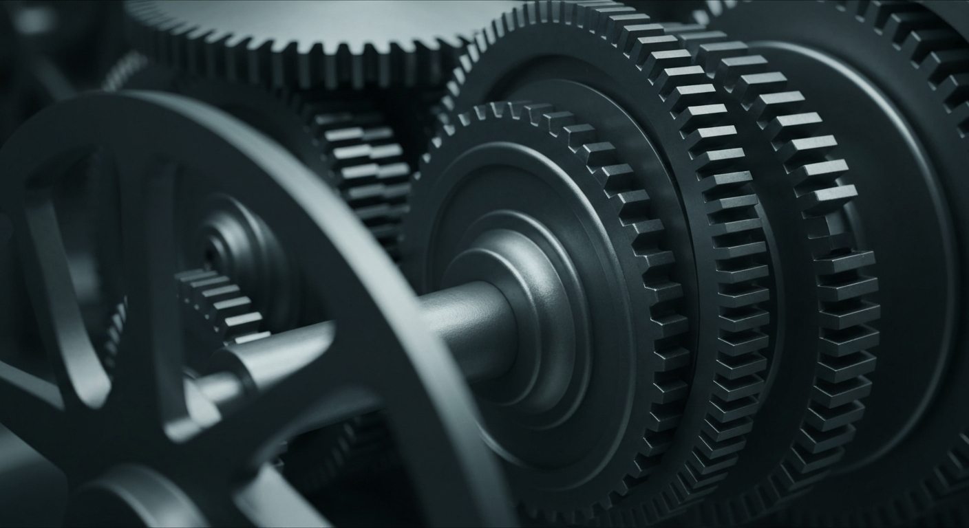 An extreme close-up of the intricate gears and mechanisms of a stock trading floor, conveying the complex, industrial nature of global finance.