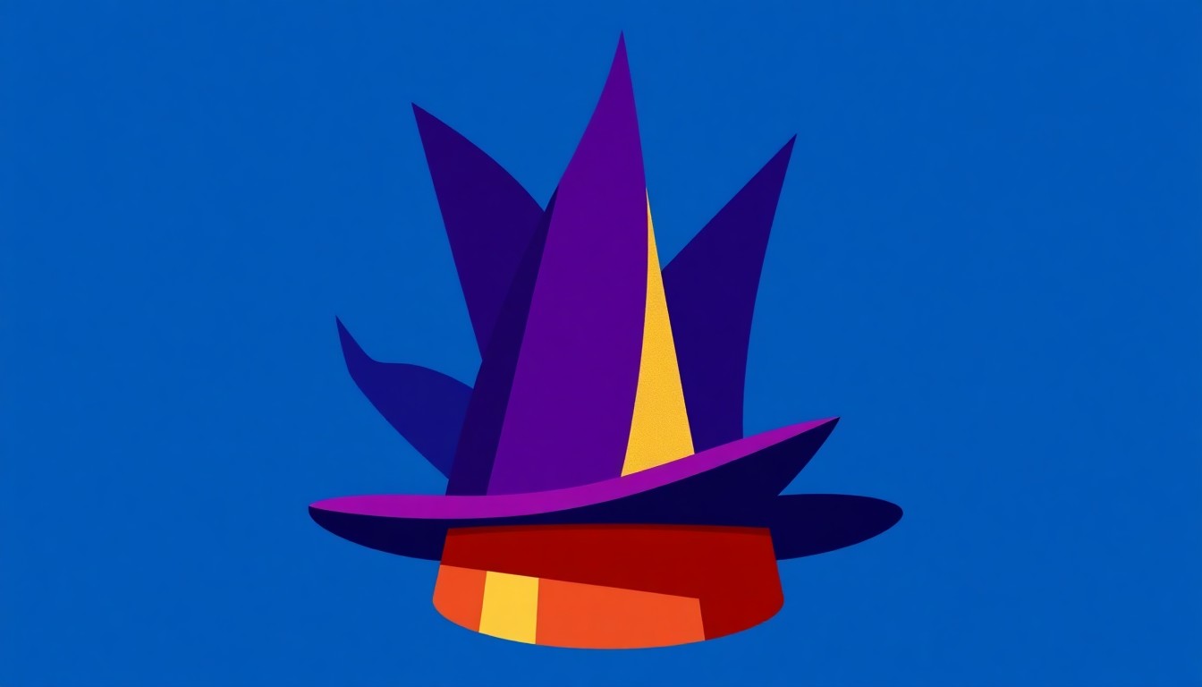 A striking abstract composition of geometric shapes in shades of blue, purple, and gold, conceptually representing the iconic sorcerer's hat from the Disney film 'Fantasia' and the enchantment of Disney animation.