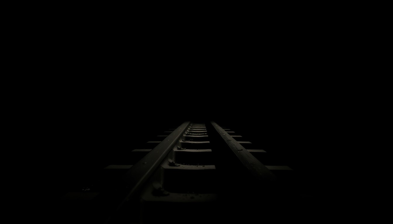 An extreme close-up photograph of a single railroad track tie, with the harsh lighting and stark black background creating a serious, investigative mood without depicting any violence or victims.