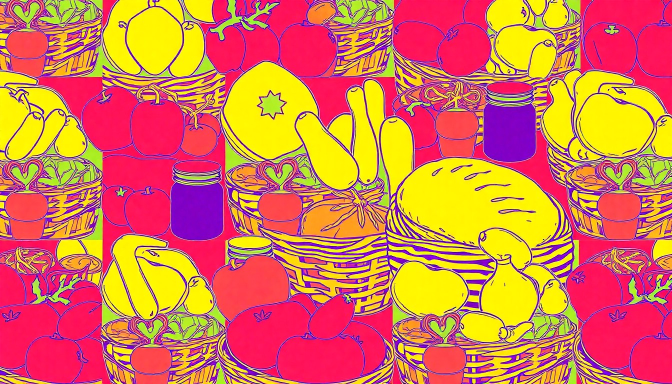 A brightly colored, high-contrast silkscreen print of a single, iconic farmers market object such as a basket of fresh produce or a jar of jam, repeated in a tight grid pattern in the style of Andy Warhol, capturing the celebratory energy of the market's opening day.