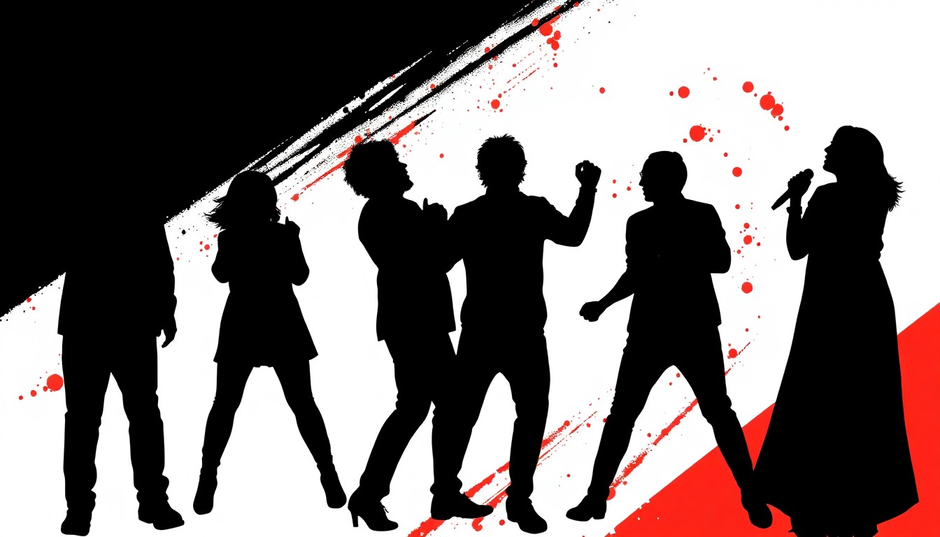 An abstract, minimalist illustration using bold black shapes and high-contrast colors to represent the dramatic energy of a singing competition finale.