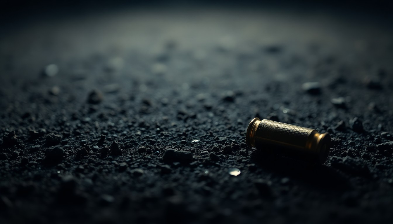 An extreme close-up of a single spent shell casing on a dark, gritty surface, lit by a harsh, direct camera flash, conceptually illustrating the investigation into a homicide.