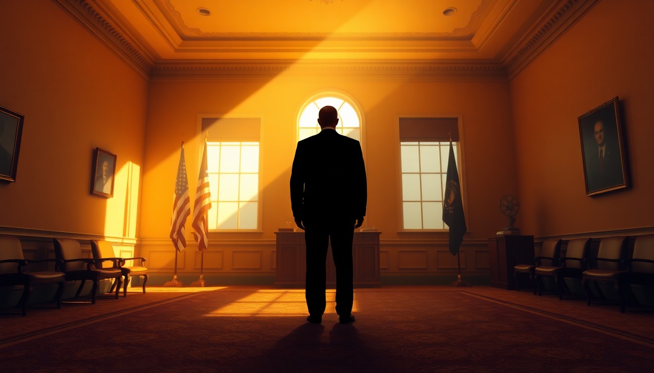 A dimly lit, cinematic painting of an empty government office space, with a single shadowy figure standing alone and bathed in warm, diagonal sunlight, conceptually representing the political hypocrisy and contradictions of a wealthy candidate.
