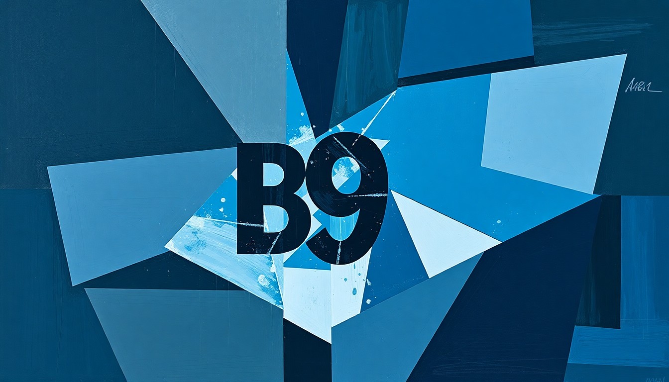 A fractured, multi-perspective painting breaking down two similar 'B9' logos into sharp, overlapping geometric shapes in a palette of deep blues, greys, and blacks, conceptually representing the legal and branding complexities of this trademark conflict.
