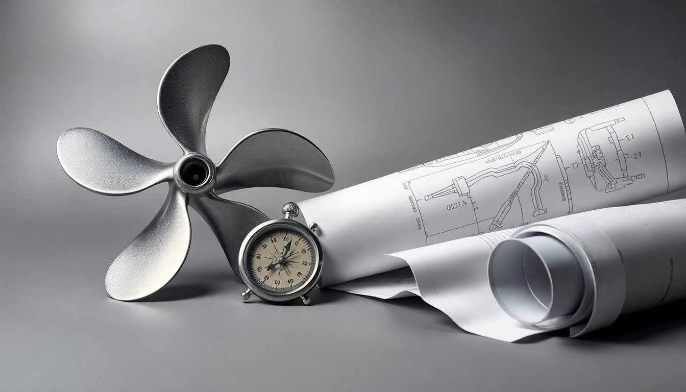 A photorealistic studio still-life featuring a polished metal ship's propeller, a compass, and a rolled-up blueprint, symbolizing the precision and craftsmanship of the shipbuilding industry.