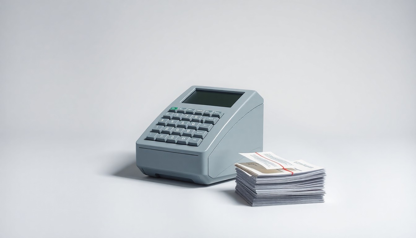 A high-end, photorealistic studio still-life photograph featuring a sleek, geometric cash register placed elegantly on a clean, monochromatic background. The dramatic lighting and shadows create a sense of uncertainty and transition, symbolizing the corporate strategy challenges facing the 7-Eleven convenience store chain.