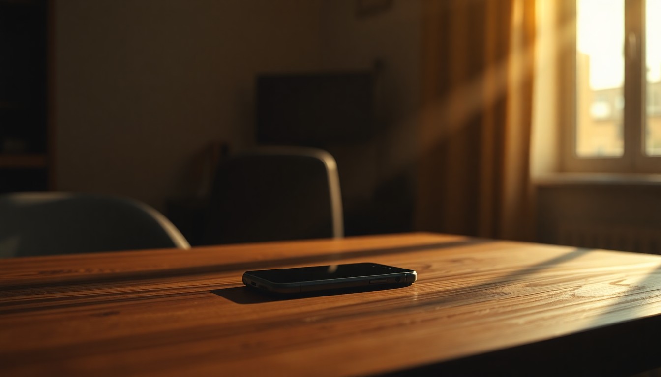 A close-up view of a solitary smartphone resting on a wooden desk, the device's screen and edges softly illuminated by warm, diagonal sunlight streaming through a window, creating deep shadows that convey a sense of isolation and contemplation around the role of social media in young people's lives.