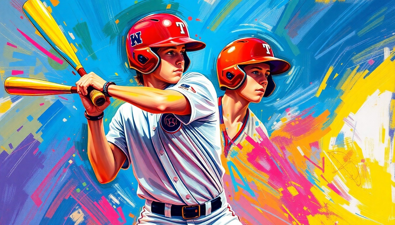 An abstract, energetic painting featuring bold brushstrokes in neon colors that convey the dynamic motion and power of a high school baseball player batting.