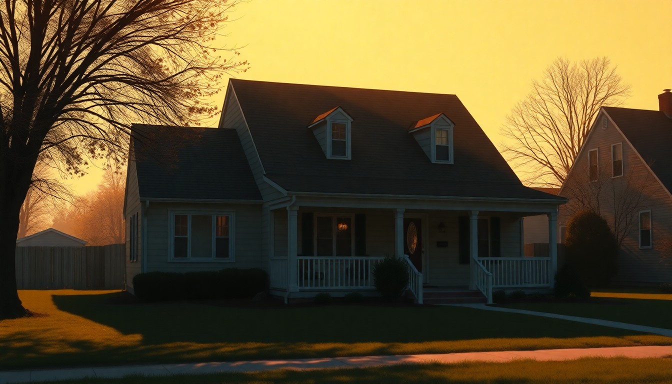 A realistic oil painting depicting a single-story suburban home in warm, golden light, with deep shadows casting across the scene, conveying a sense of quiet contemplation around the challenges of housing affordability.