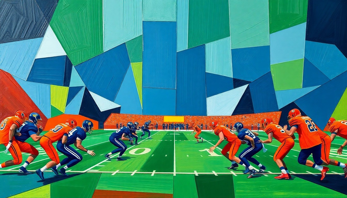 A cubist, geometric painting depicting a high school football game, with players and the field broken down into sharp, overlapping shapes in a bold color palette, capturing the energy and intensity of the sport.