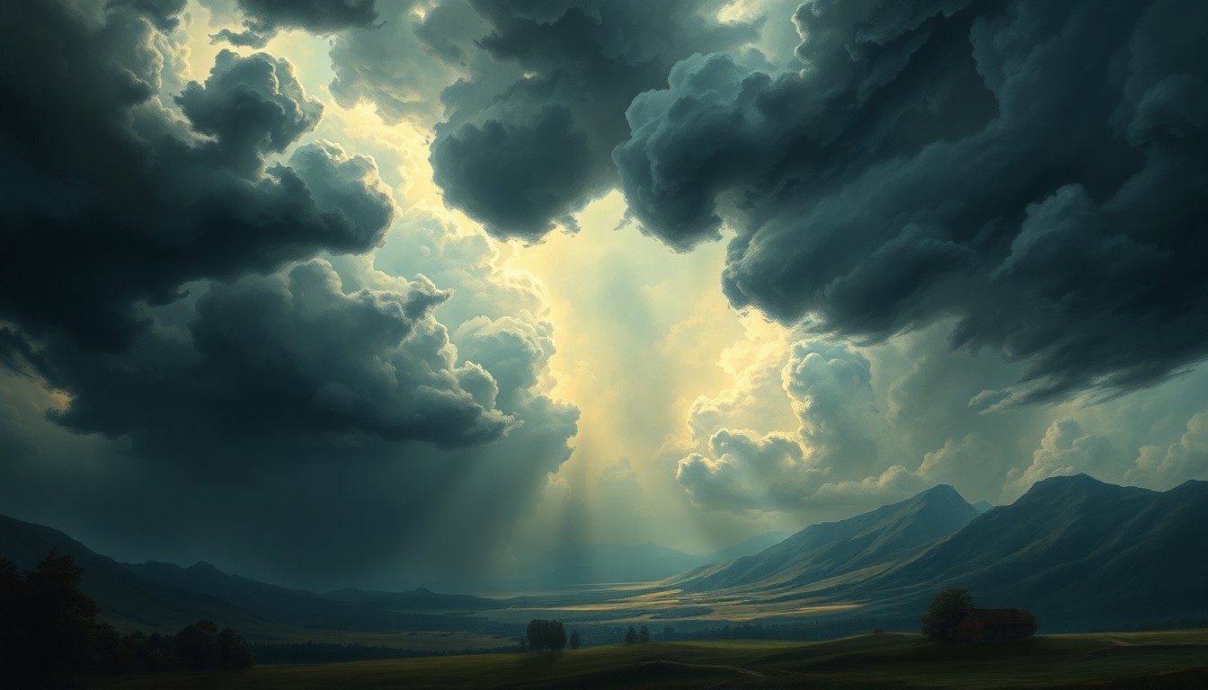 A sweeping, atmospheric landscape painting in muted tones of grey, blue, and gold, depicting an ominous storm system dominating the horizon and dwarfing any visible structures or objects in the scene, conveying the sublime scale and power of an impending severe weather event.