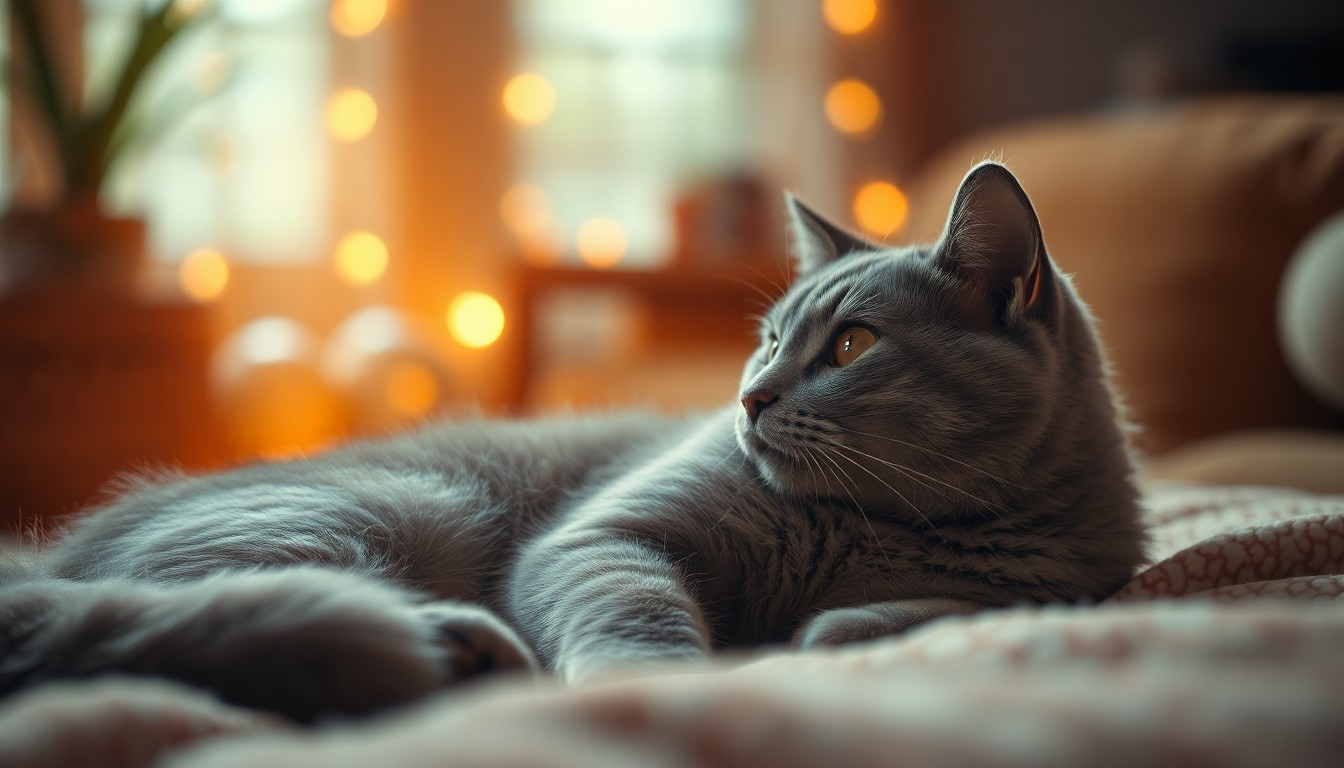 An extremely abstracted, out-of-focus photograph of a gray cat resting in a warm, softly lit indoor setting, the details blurred into impressionistic pools of color, conveying a sense of intimacy and the cat's complex emotional life.