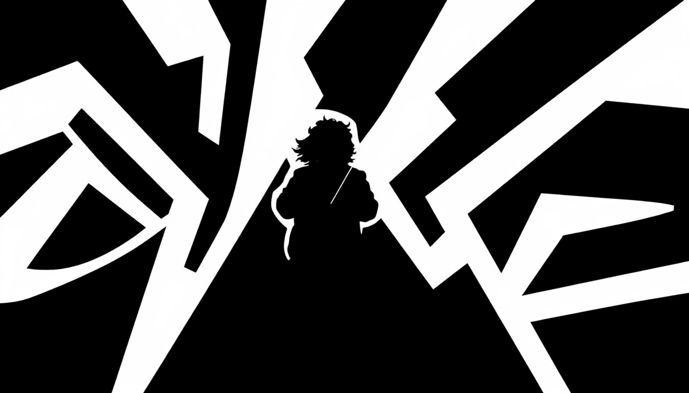 A striking black and white illustration featuring bold, angular shapes and silhouettes, conceptually representing the energy and minimalist aesthetic of a Jack White live performance.