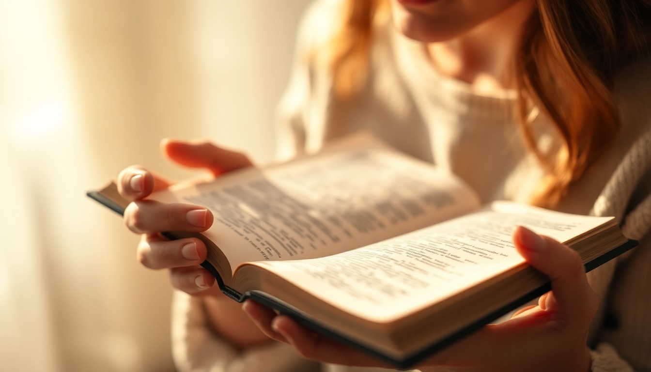 An extremely abstracted, out-of-focus photograph of a woman's hands holding an open Bible, with soft, warm pools of light and blurred edges, conveying a sense of introspection and spiritual contemplation.
