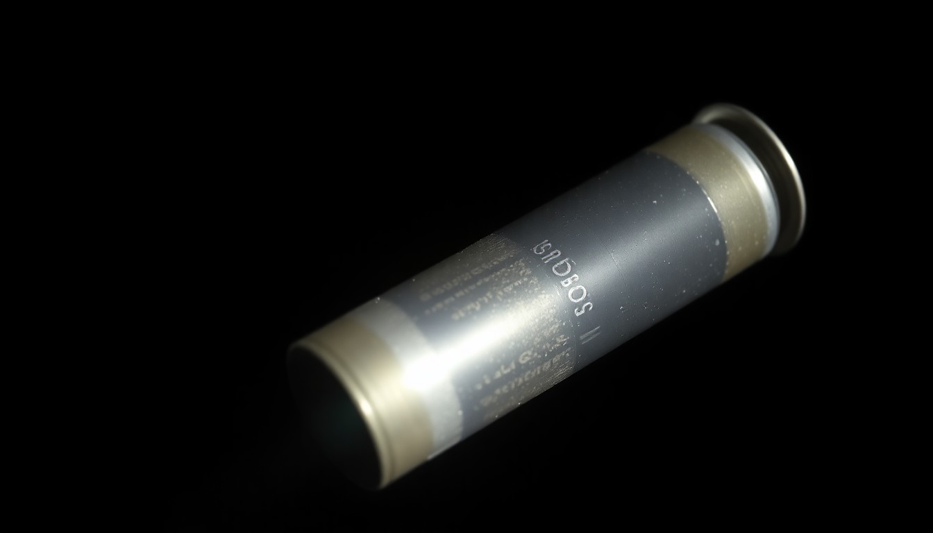 An extreme close-up photograph of a gun magazine or ammunition cartridge lit by a harsh, direct camera flash against a pitch-black background, conceptually illustrating the gritty reality of gun crime and the importance of gun safety.