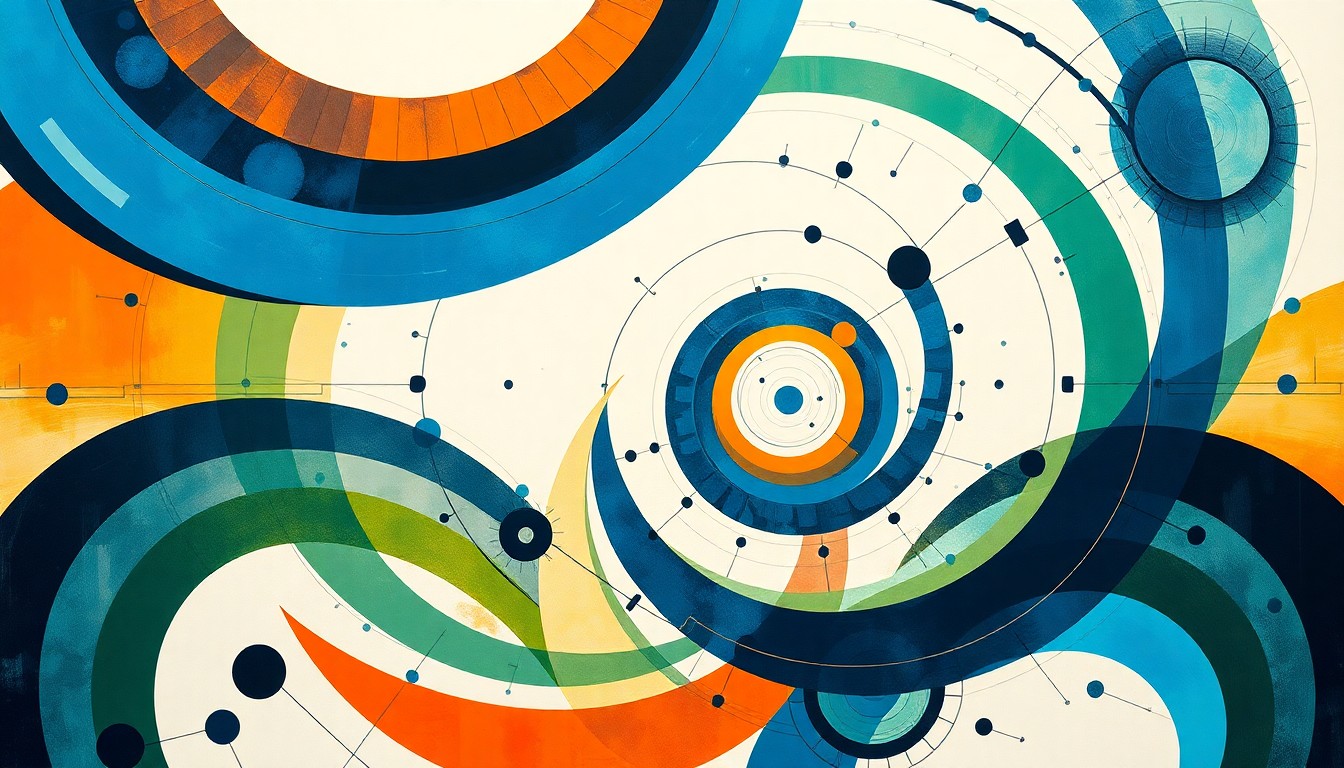 A bold, abstract painting featuring sweeping geometric arcs, concentric circular forms, and precise mechanical spirals in a vibrant color palette, conceptually representing the interconnected concepts of robotics, STEM education, and the potential for young students to become future innovators.