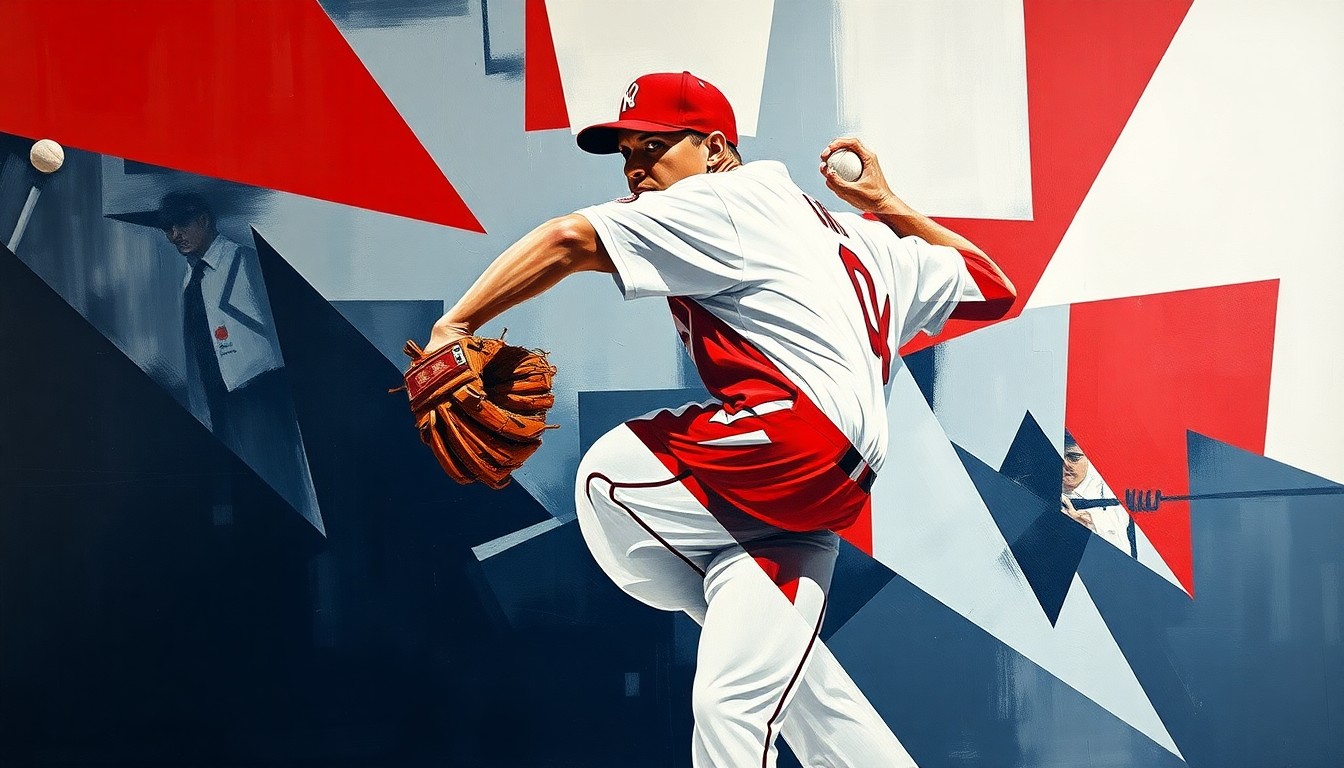 A cubist, geometric painting depicting a baseball pitcher's motion broken down into overlapping planes of red, white, and navy blue, conveying the fragmented nature of roster changes and roster construction in professional baseball.