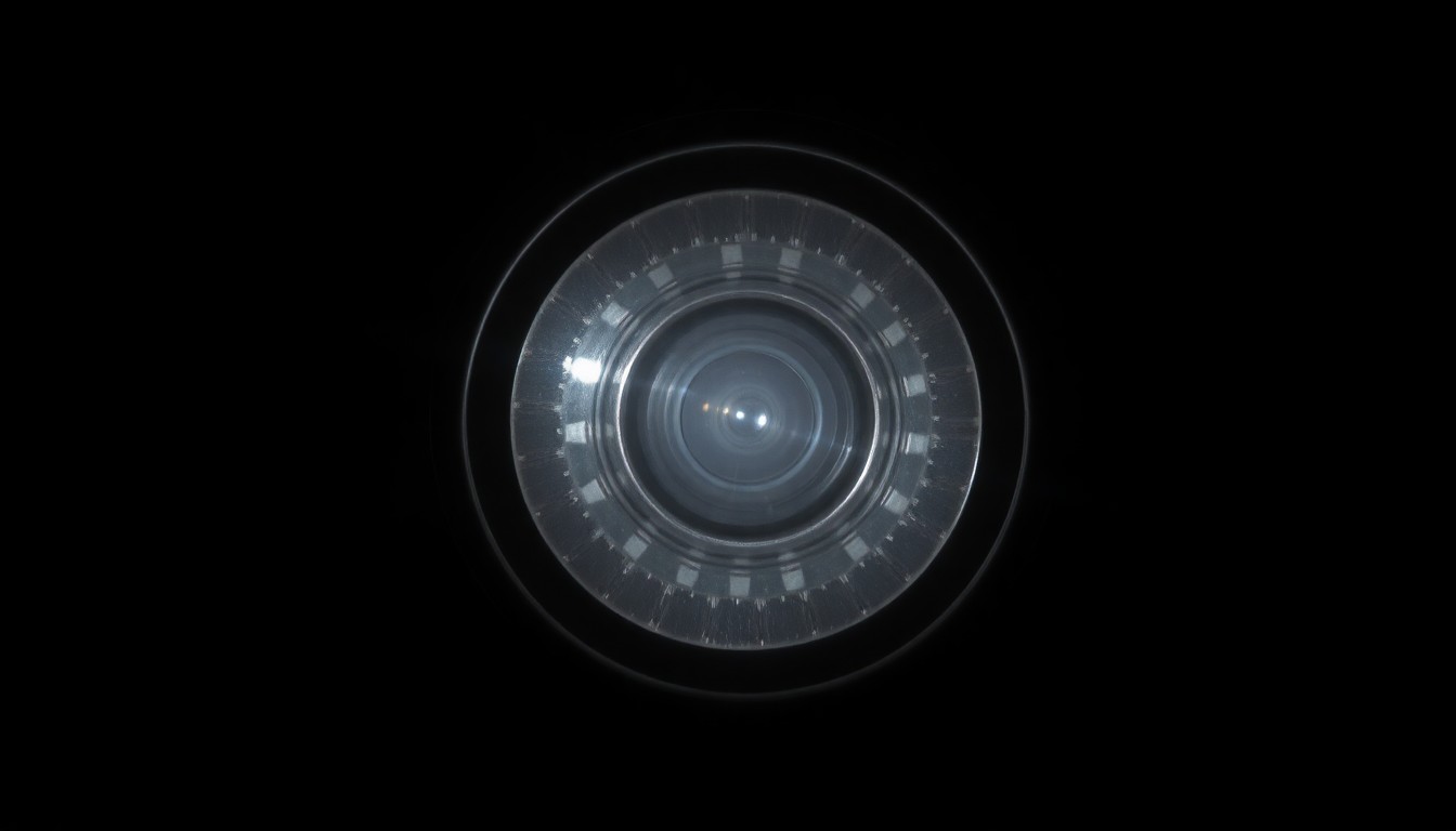 An extreme close-up photograph of a security camera lens against a pitch-black background, capturing the intricate details and textures of the device in a stark, gritty, investigative aesthetic.