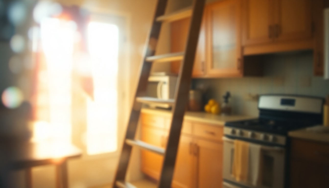 An extremely blurred, out-of-focus photograph in warm, hazy tones depicting the silhouette of a rolling wooden ladder in a bright, sun-filled kitchen, conceptually representing the unique design element in Gwyneth Paltrow's home.