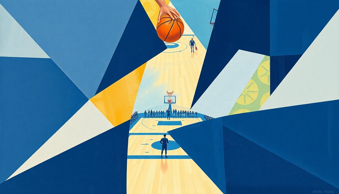 A fragmented, geometric painting depicting the motion and intensity of a women's basketball game, with sharp planes of navy, powder blue, and gold colors.