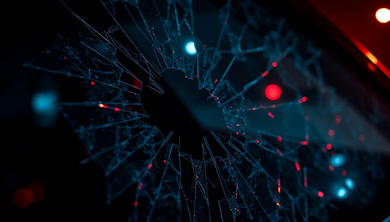 An extreme close-up photograph of shattered glass reflecting a faint red light, conveying the aftermath of a violent incident without depicting any graphic details.