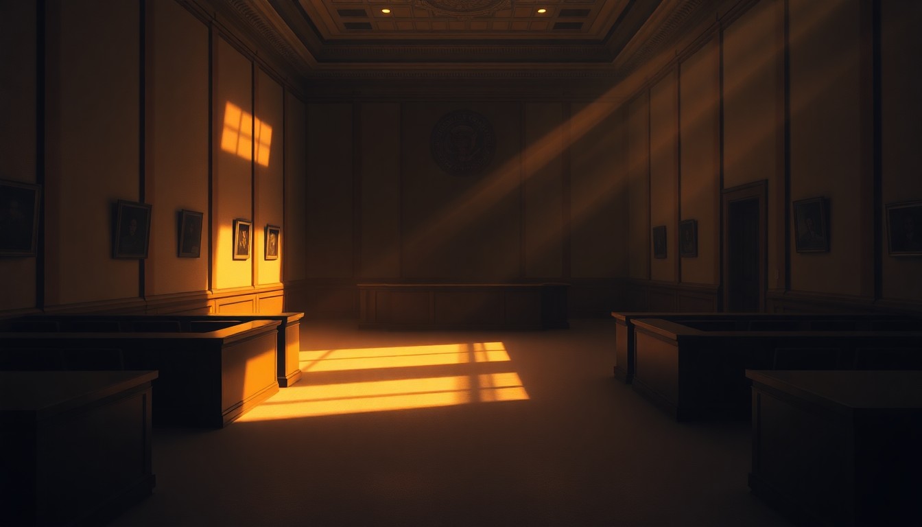 A dimly lit government office or courtroom space, with warm sunlight streaming in through the windows and deep shadows obscuring details. The scene conveys a sense of political tension and unresolved scandal.