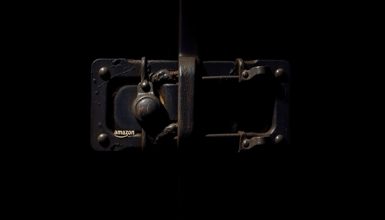 An extreme close-up photograph of a charred, twisted metal Amazon shipping container latch against a pitch-black background, conceptually representing the investigation into mysterious cargo train fires disrupting Amazon's supply chain.