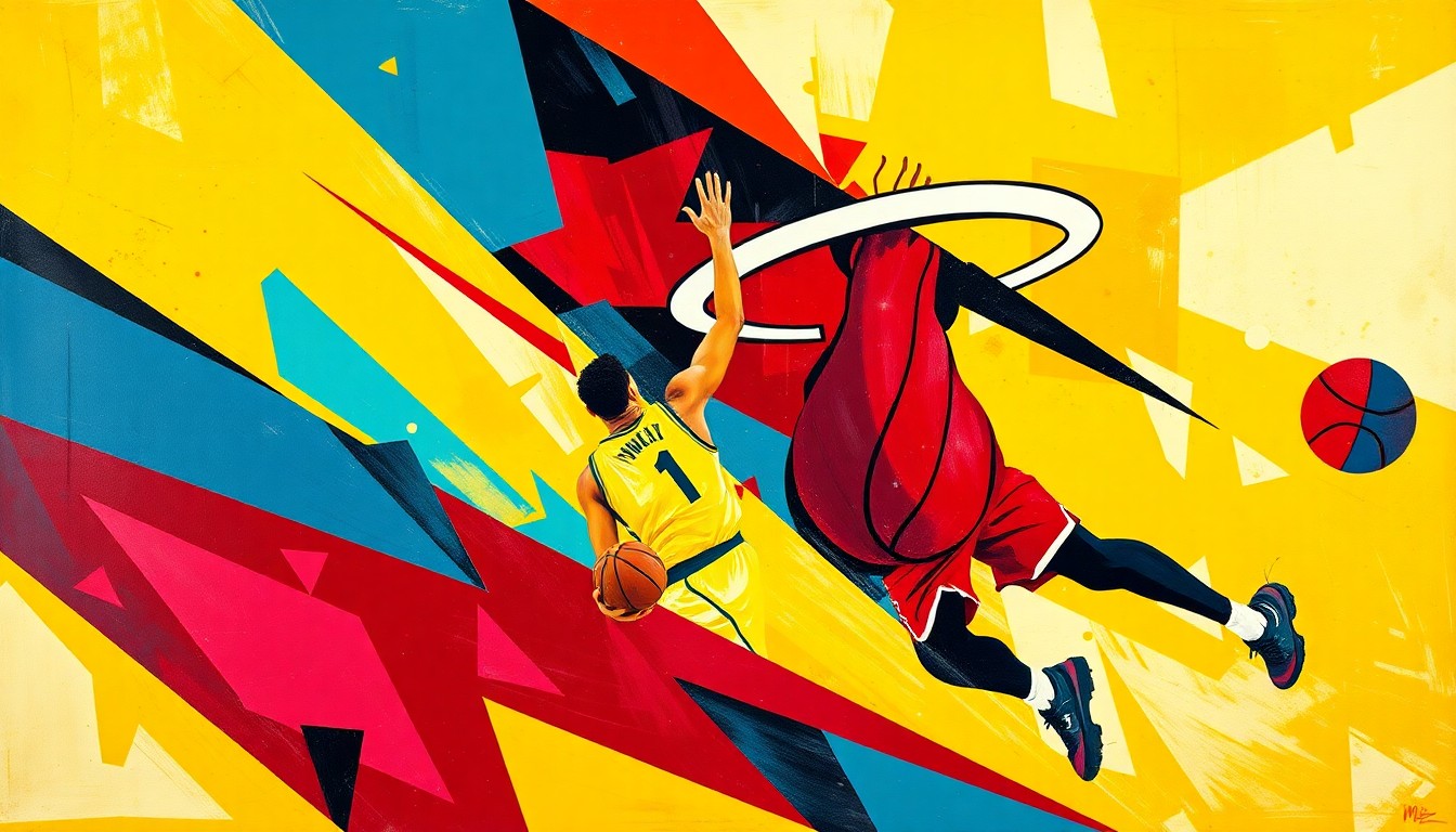 A fractured, multi-perspective painting featuring sharp, overlapping geometric shapes in vibrant red, blue, and yellow hues, conceptually representing the dynamic action and competition of a basketball game.