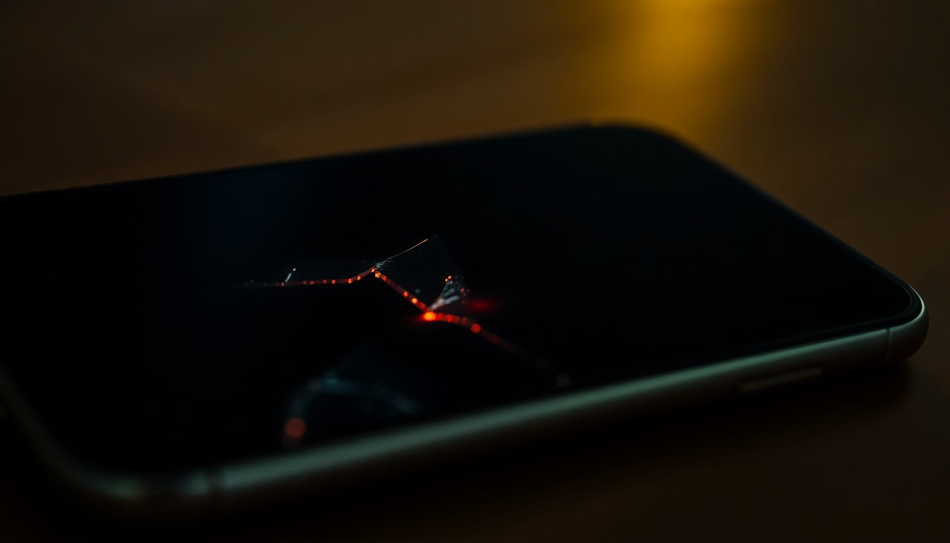 An extreme close-up photograph of a shattered smartphone screen reflecting a faint red light, conveying the gritty, investigative nature of the case without depicting any actual violence or victims.