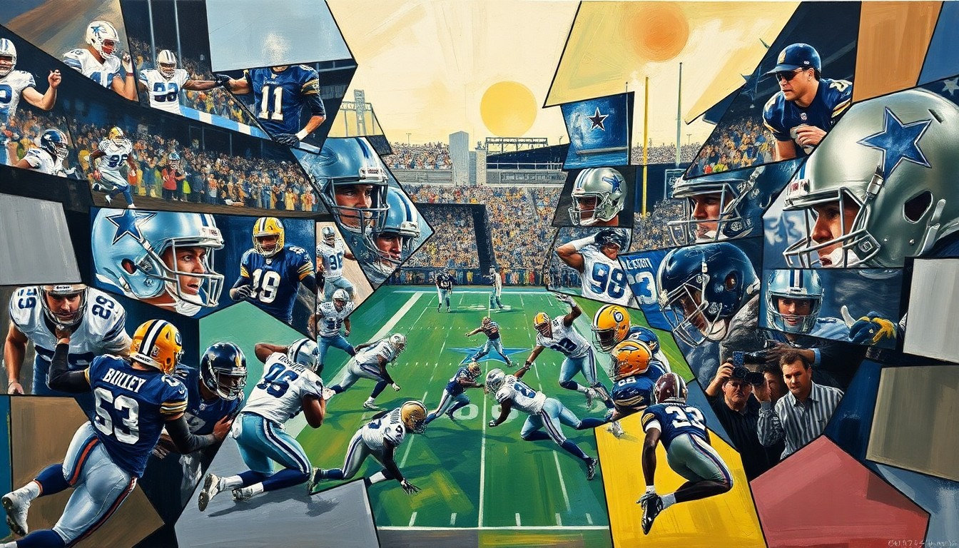 A cubist, geometric painting depicting a football game or match, with the players and field broken down into sharp, overlapping planes of color and shape, conveying the complex dynamics at play in the Cowboys' handling of the Pickens situation.